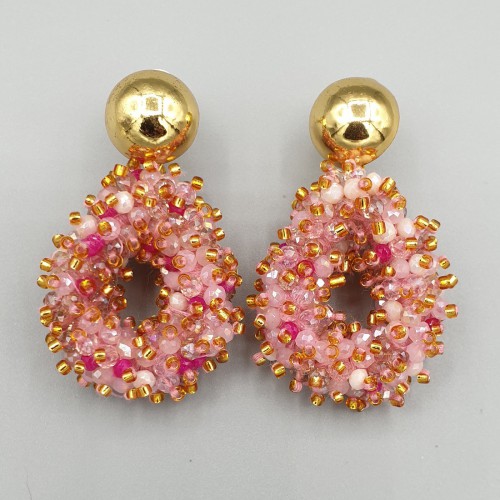 Gilt earrings open drop pendant mixed pink crystals