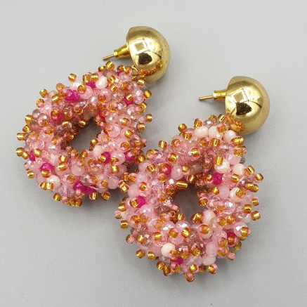 Gilt earrings open drop pendant mixed pink crystals