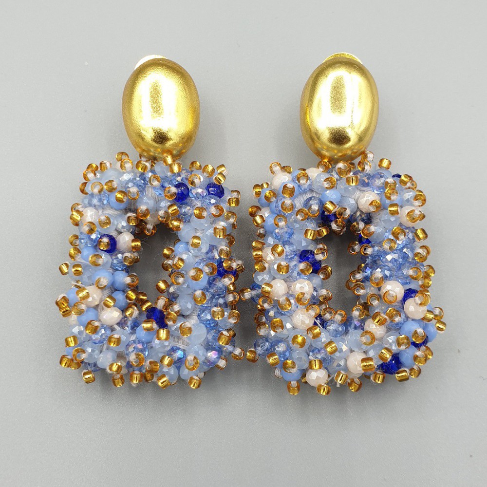 Gilt earrings rectangular pendant mixed blue crystals