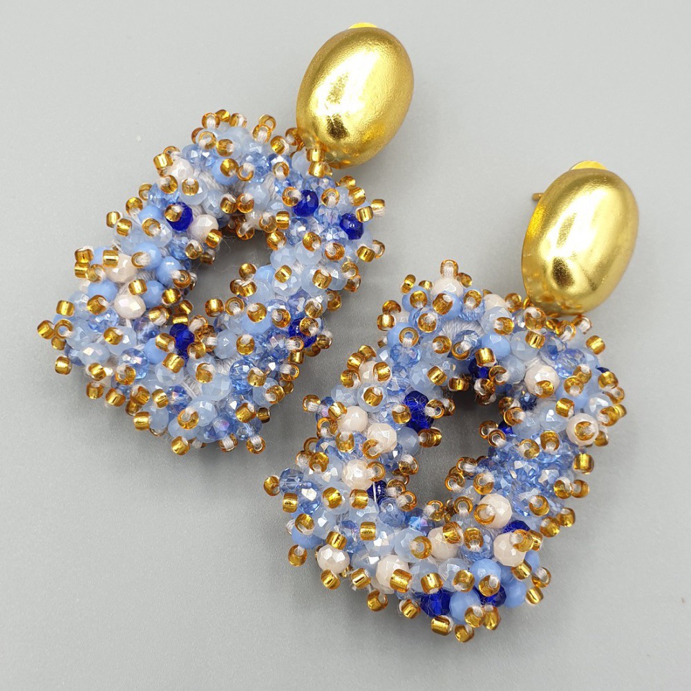 Gilt earrings rectangular pendant mixed blue crystals