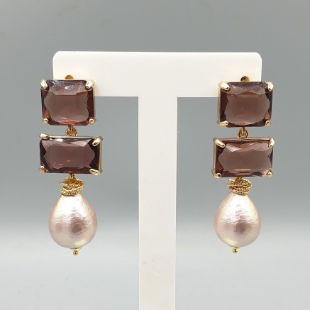 Gilded earrings cotton pearl and crystal