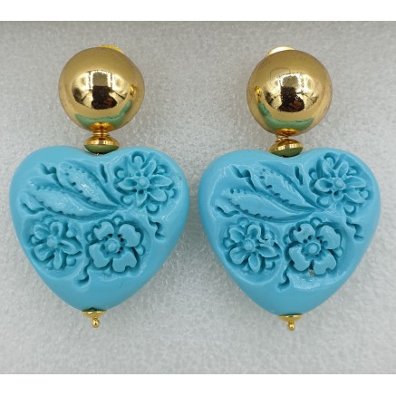 Gilt earrings carved light blue resin heart