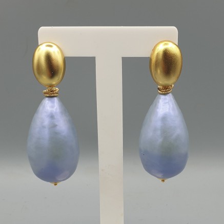 Gilt earrings large light blue cotton pearl