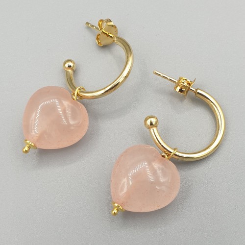 Golds Half Creoles with rose quartz heart