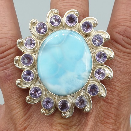 925 Sterling Zilveren Ring mit Larimar und Amethisten 19 mm