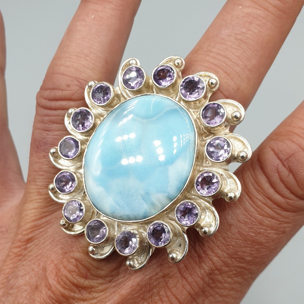 925 Sterling Zilveren Ring mit Larimar und Amethisten 19 mm