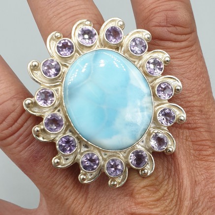 925 Sterling Zilveren Ring mit Larimar und Amethisten 19 mm