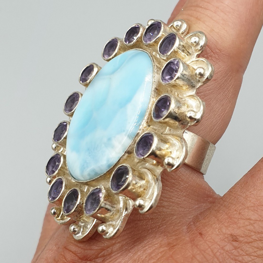 925 Sterling Zilveren Ring mit Larimar und Amethisten 19 mm