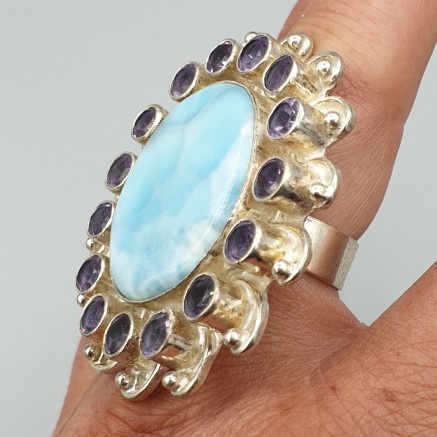 925 Sterling Zilveren Ring mit Larimar und Amethisten 19 mm