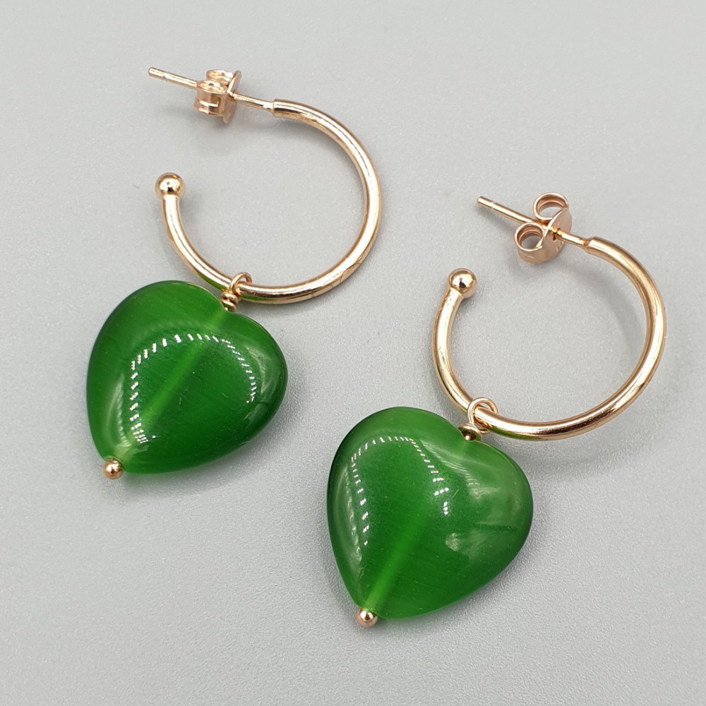 Creoles with green cat eye heart