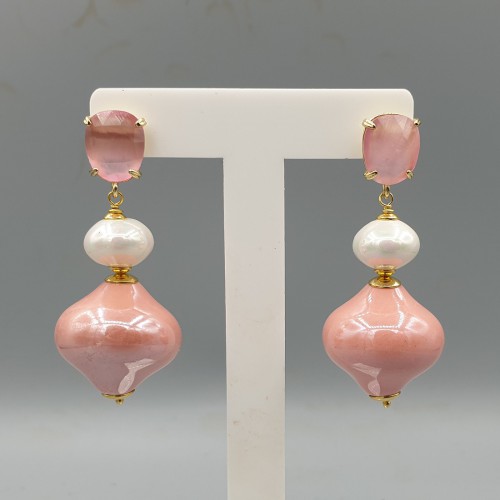 Gilded earrings pink cat eye ceramics and pearl