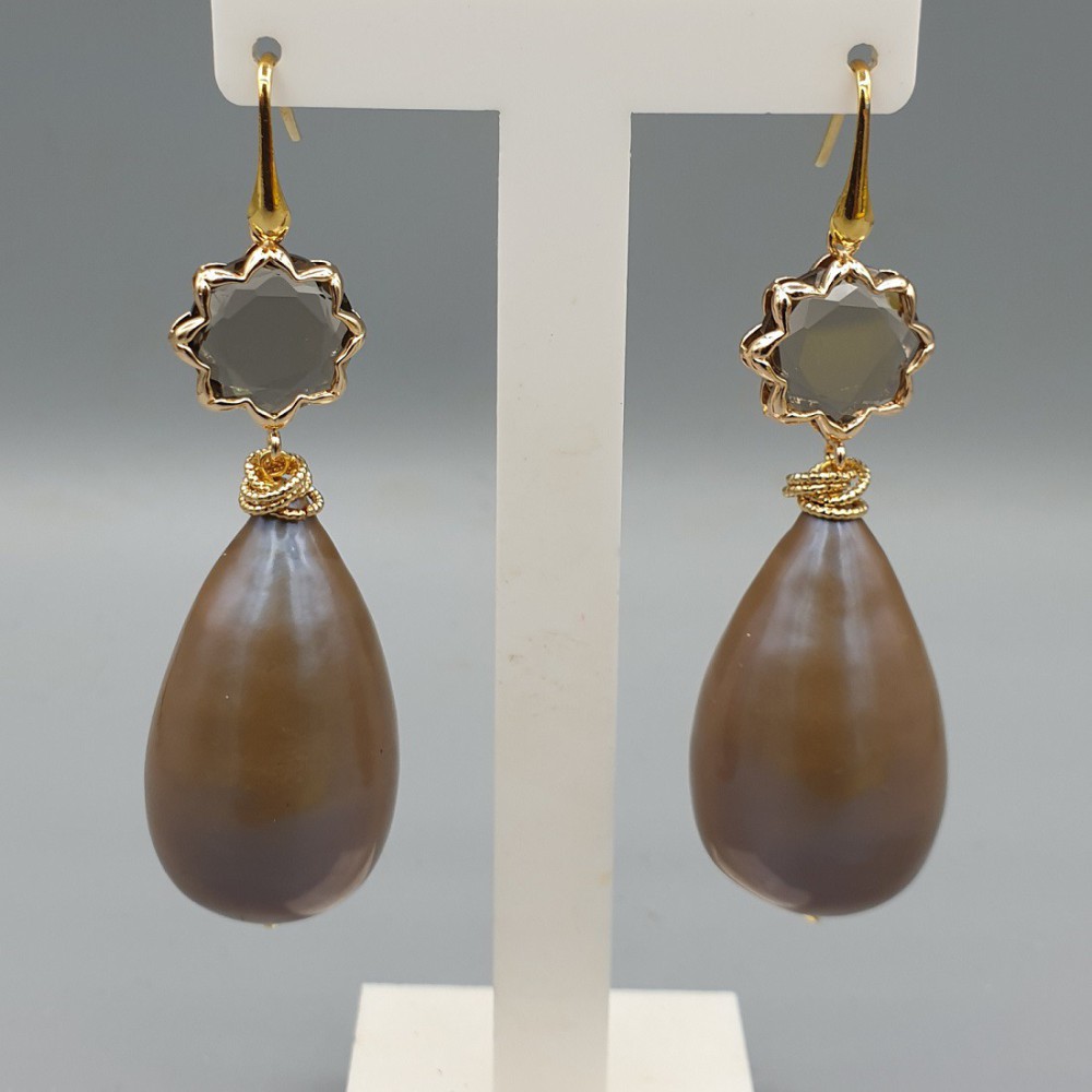 Gilded earrings large brown cotton pearl