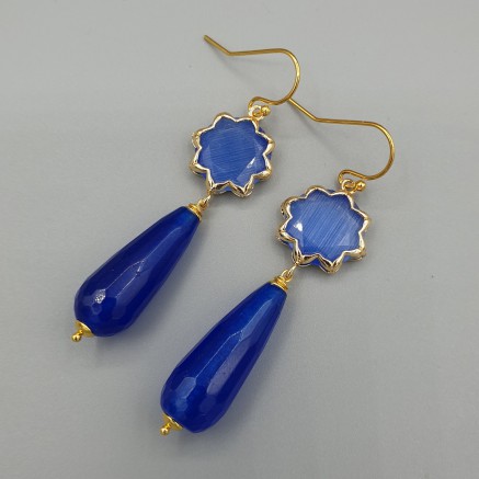 Vergoldete Ohrringe Blue Jade und Katzenauge