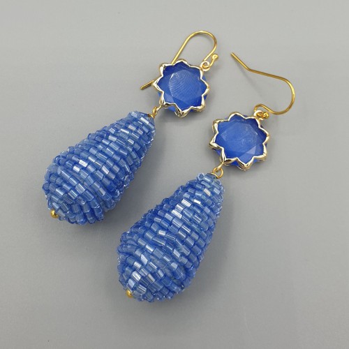 Gilded earrings drop blue beads and cat eye