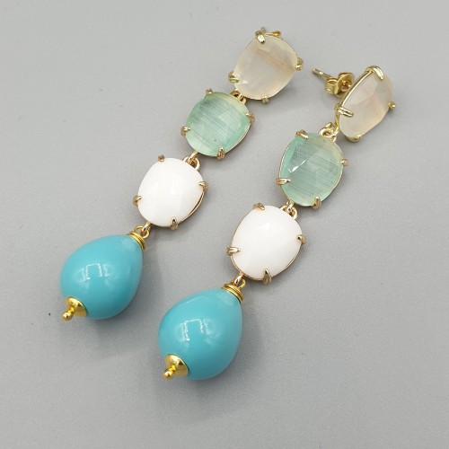 Gilded earrings turquoise blue pearl and cat eye