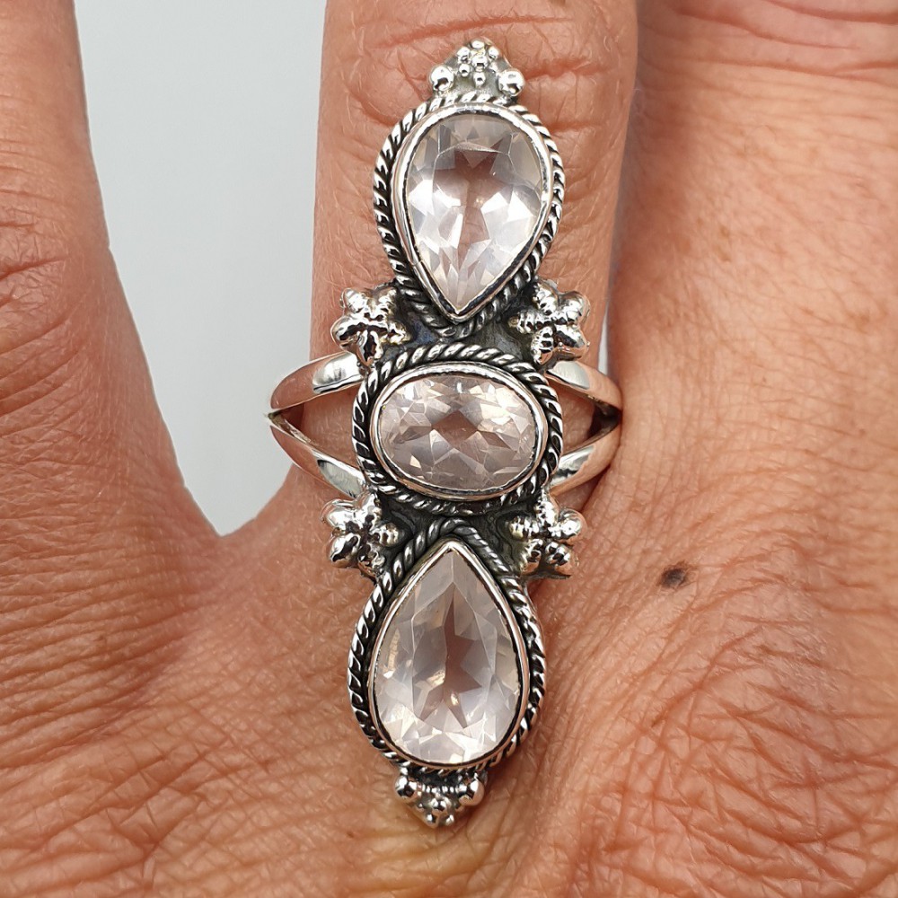 925 Sterling Zilveren Ring with Facet Rose Quartz 17.3 mm