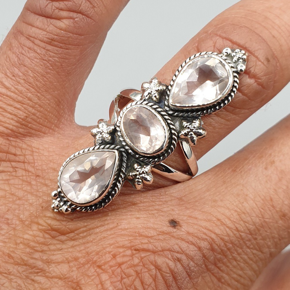 925 Sterling Zilveren Ring with Facet Rose Quartz 17.3 mm