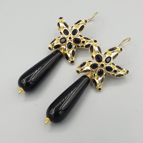 Gilded earrings with black Onyx and Crystals