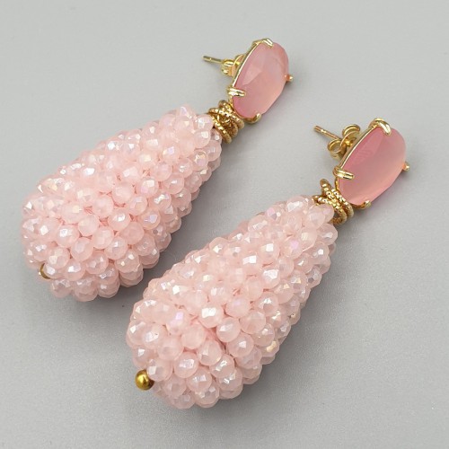 Gilded earrings cat eye and drop of pink crystals