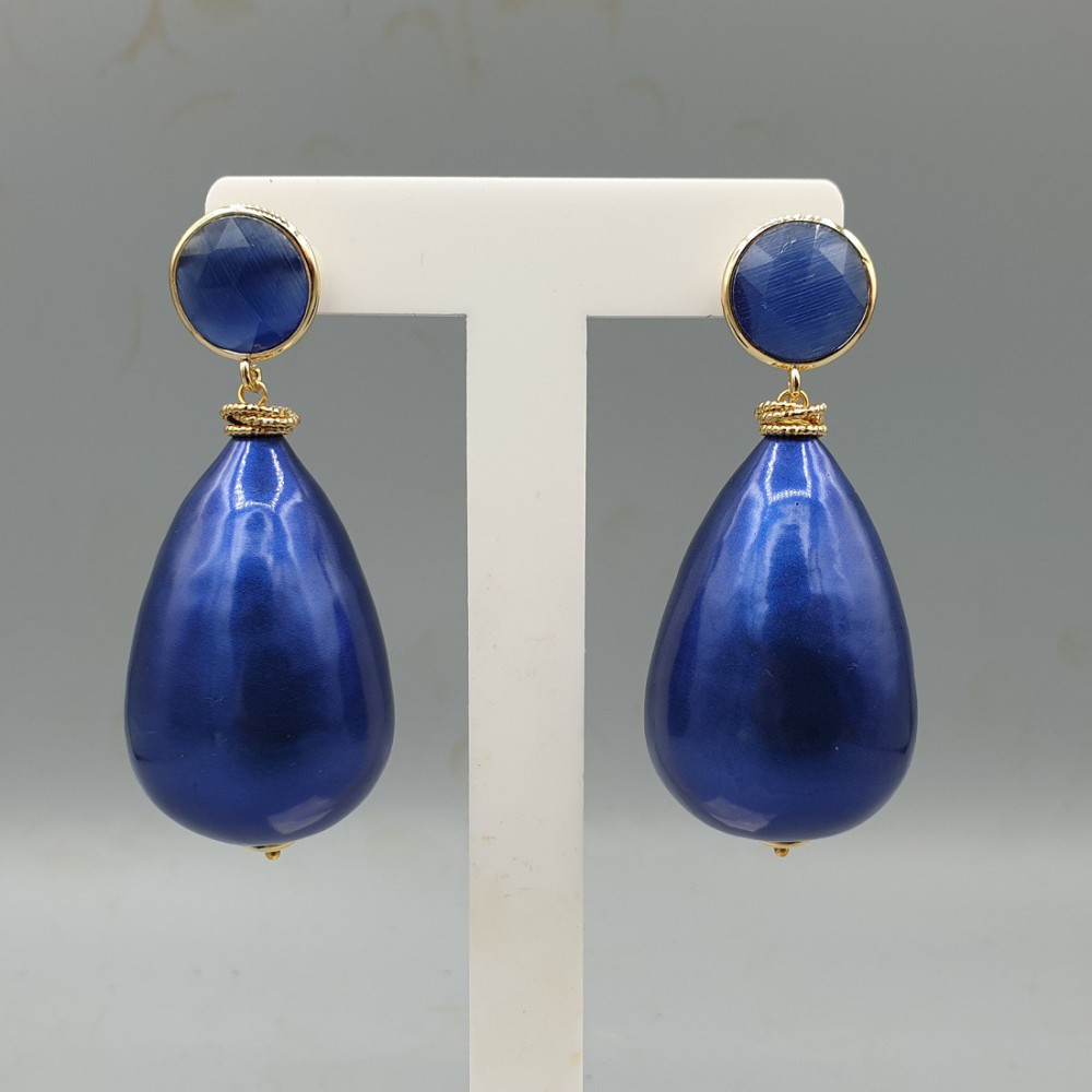 Gilded earrings blue cat eye and cotton pearl