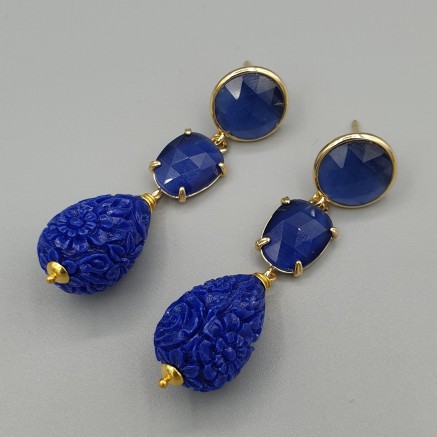 Gilt earrings blue resin and cat eye