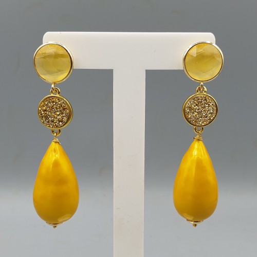 Gilded earrings yellow cotton pearl and yellow cat eye