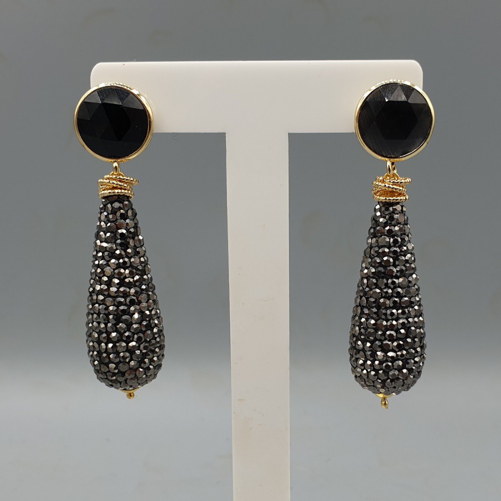 Gilded earrings black cat eye and markasite