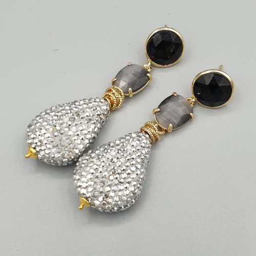 Gilded earrings with cat eye and markasite