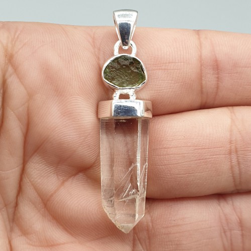 925 Sterling Silver Pendant with Lemurian Quartz and Moldaviet