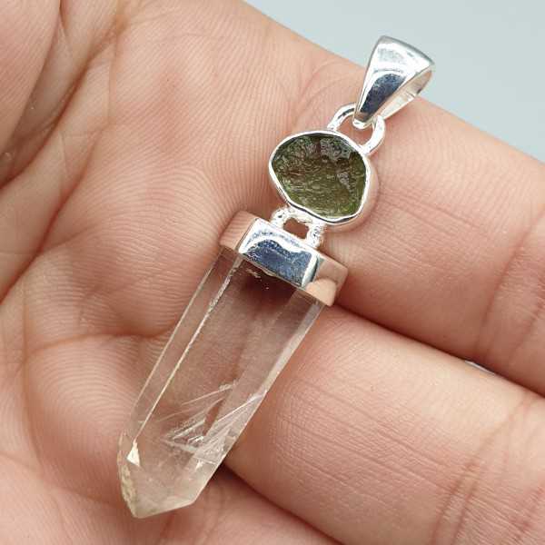 925 Sterling zilveren hanger met Lemurian quartz en Moldaviet