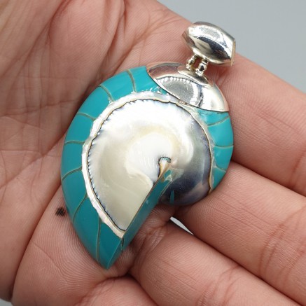 925 Sterling silver pendant turquoise blue nautilus