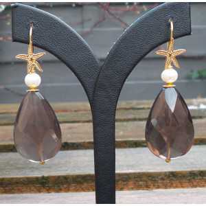 Gold plated earrings set with large Smokey Topaz brioet and Pearl