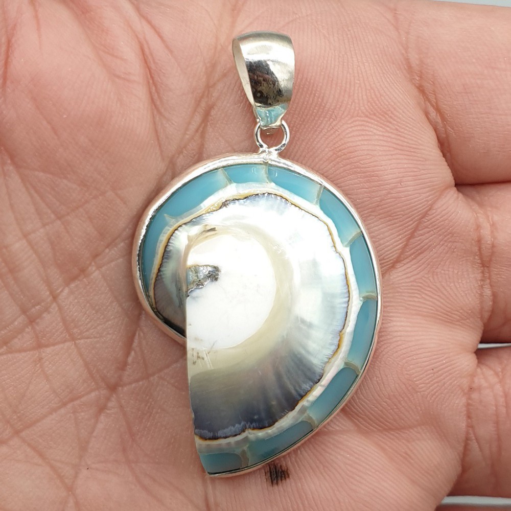 925 Sterling Silver Pendant Light Blue Nautilus