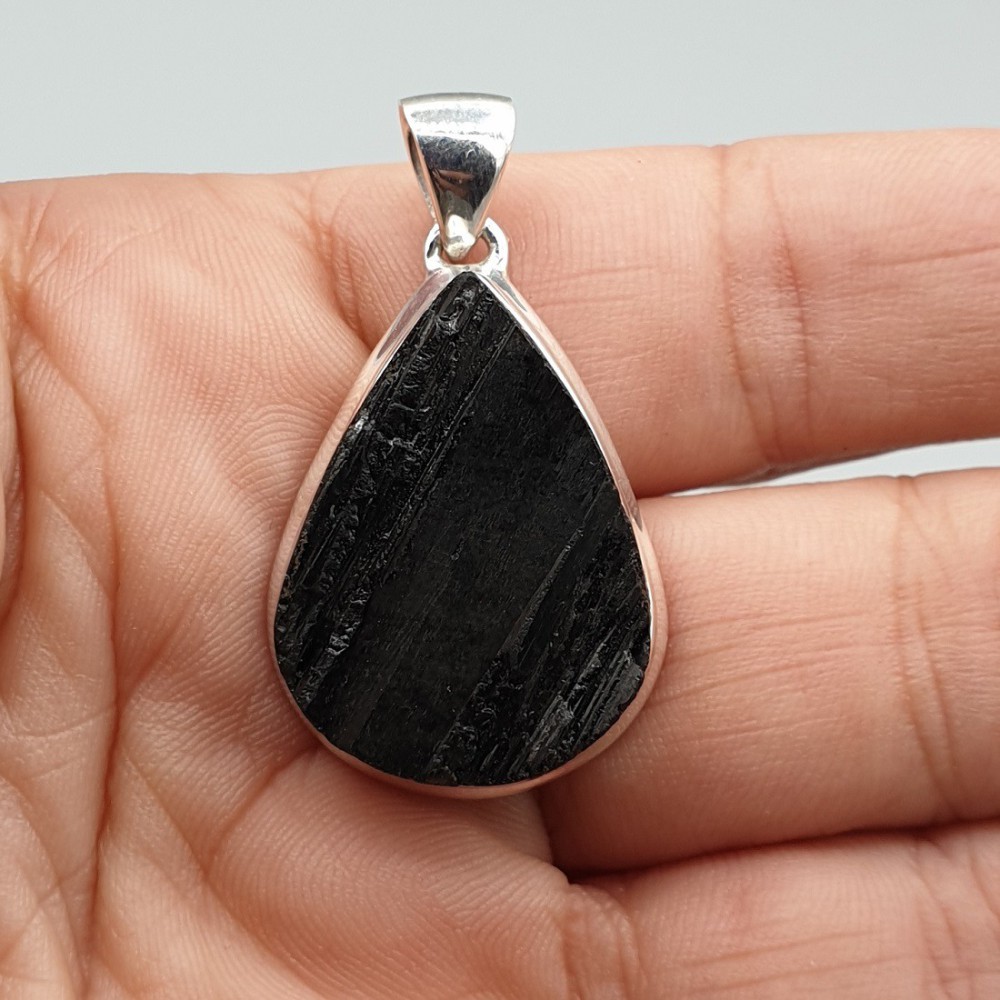 925 Sterling silver pendant drop -shaped rough black tourmaline