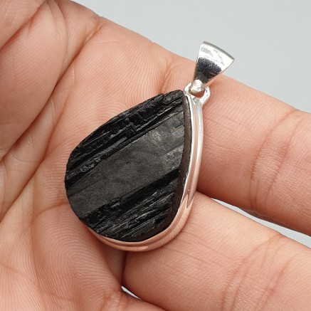 925 Sterling silver pendant drop -shaped rough black tourmaline