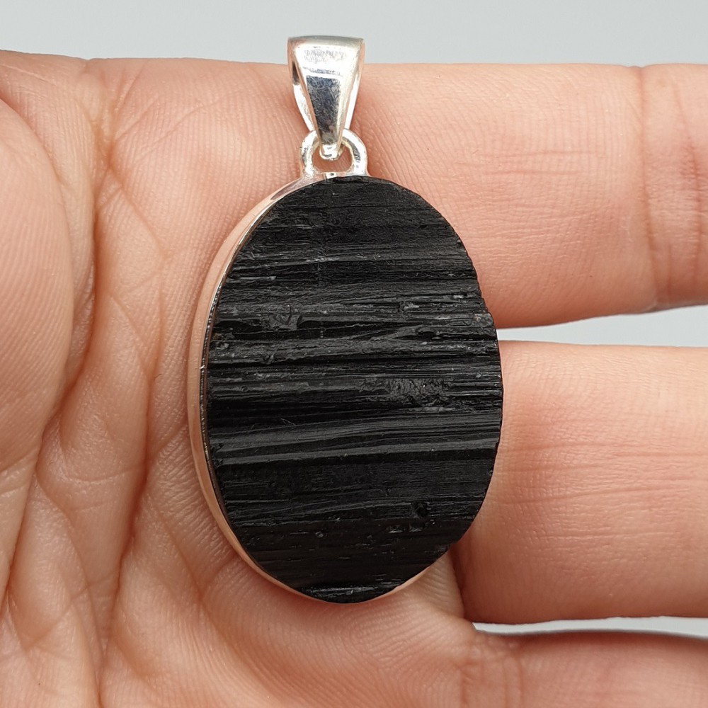 925 Sterling silver pendant oval rough black tourmaline