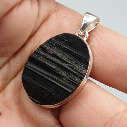 925 Sterling silver pendant oval rough black tourmaline