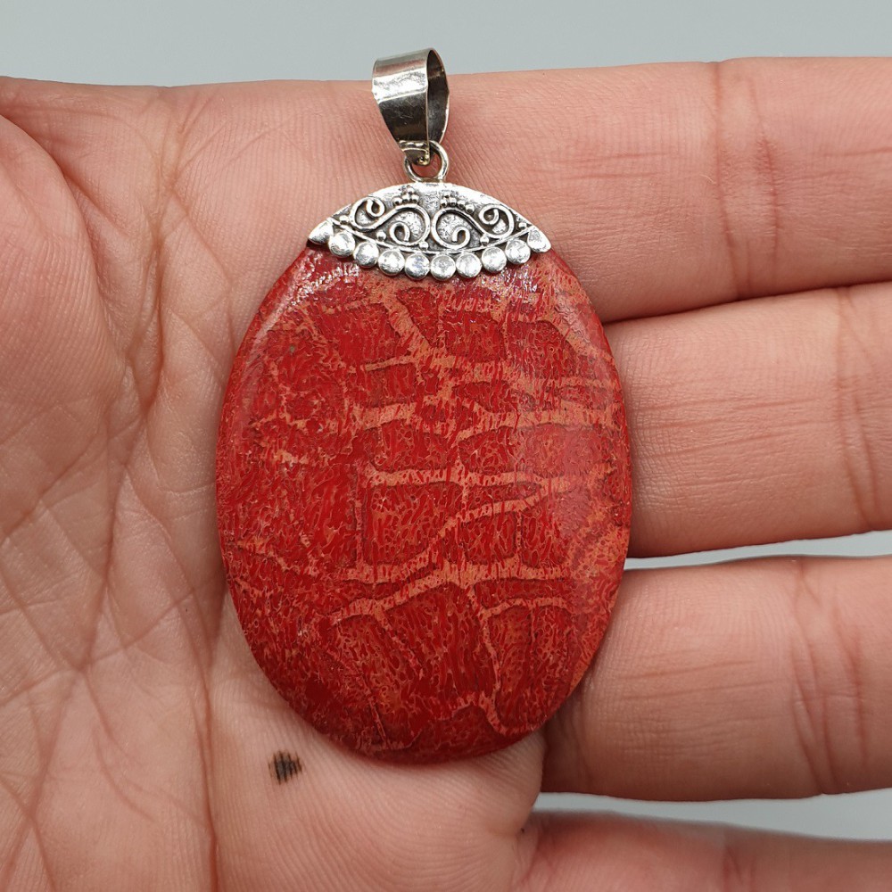 925 Sterling silver pendant oval coral