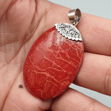 925 Sterling silver pendant oval coral