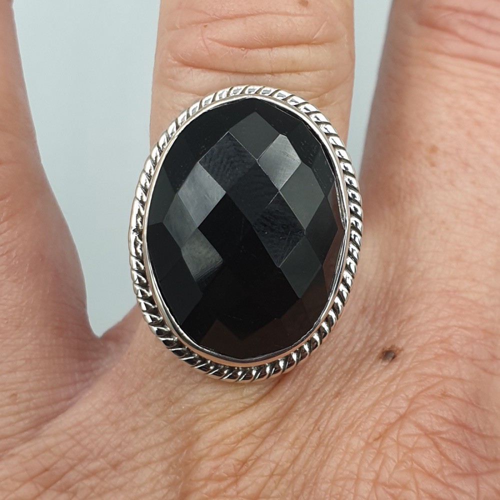 925 Sterling Silver Ring Facet Black Onyx 17 mm