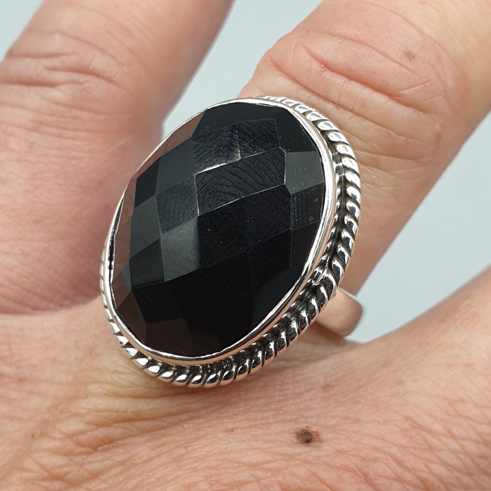 925 Sterling Silber Ring Facette schwarzer Onyx 17 mm