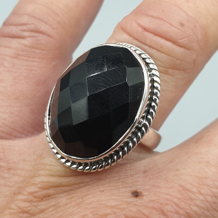 925 Sterling Silver Ring Facet Black Onyx 17 mm