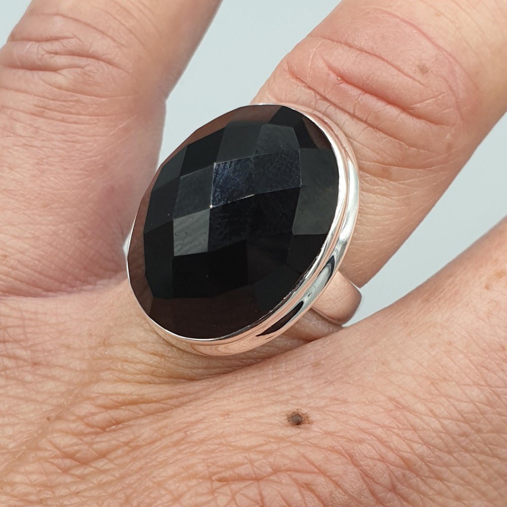 925 Sterling Silver ring Facet Black Onyx 16.5 mm