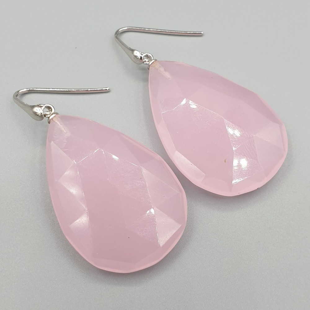 925 Sterling silver earrings large pink chalcedone