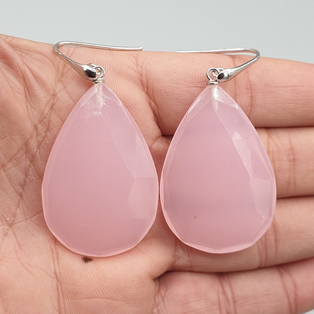 925 Sterling silver earrings large pink chalcedone