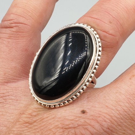 925 Sterlingsilberring mit breitem ovalem schwarzem Onyx