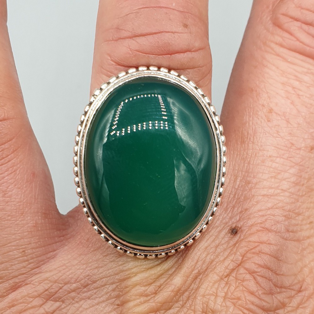 925 Sterling Silver ring with wide oval green Onyx