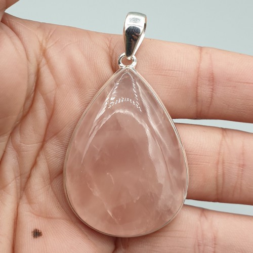 925 Sterling silver pendant large drop -shaped rose quartz