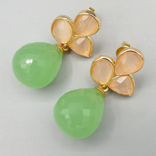 Gilt earrings orange cat eye and green chalcedone