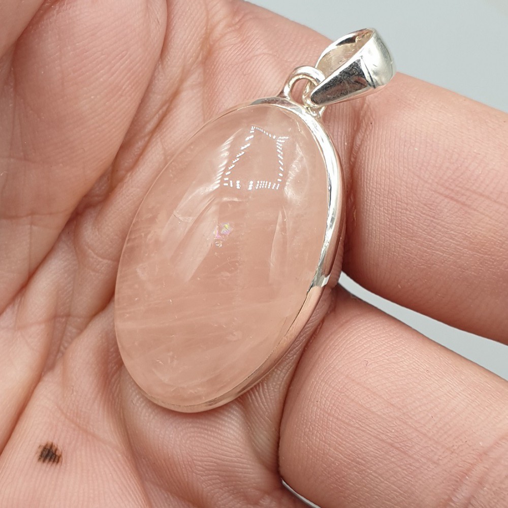 925 Sterling silver pendant narrow oval rose quartz